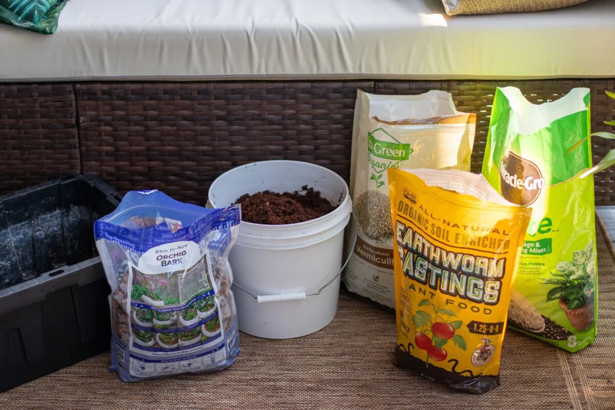 Potting mix ingredients sitting on a balcony