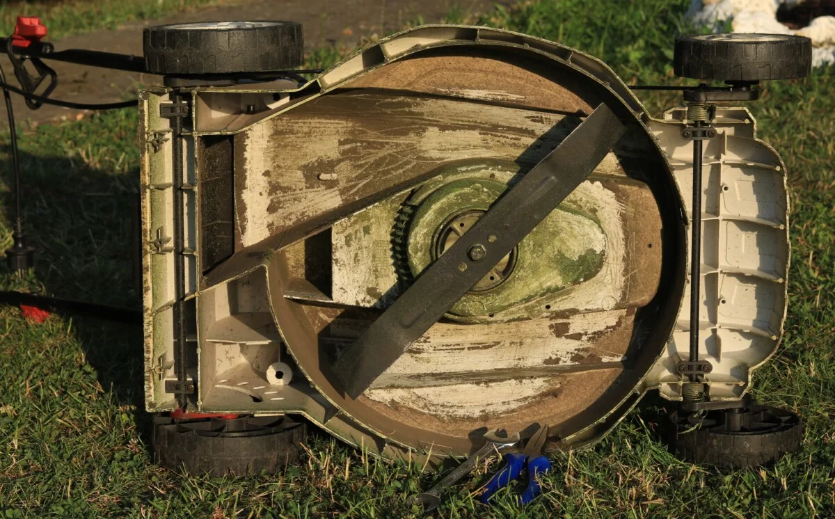 Lawnmower tipped on its side