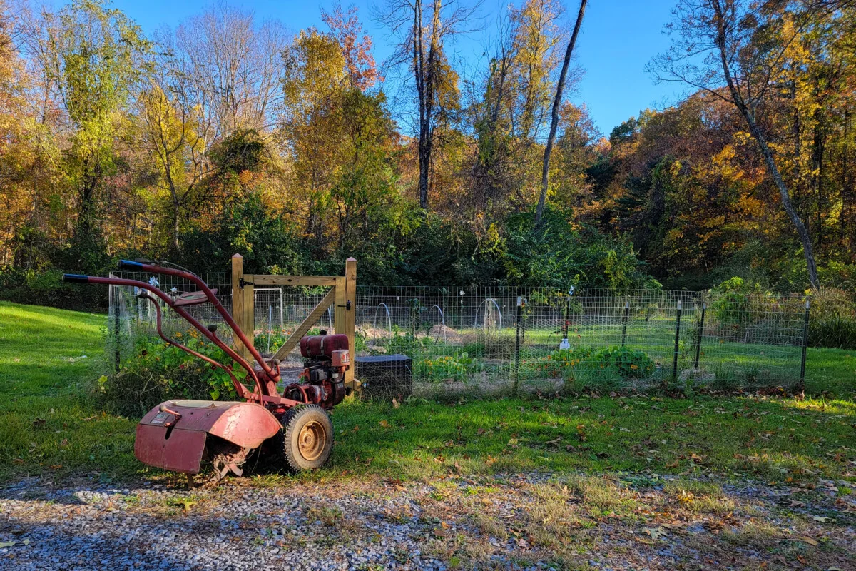 Rototiller outside garden gate
